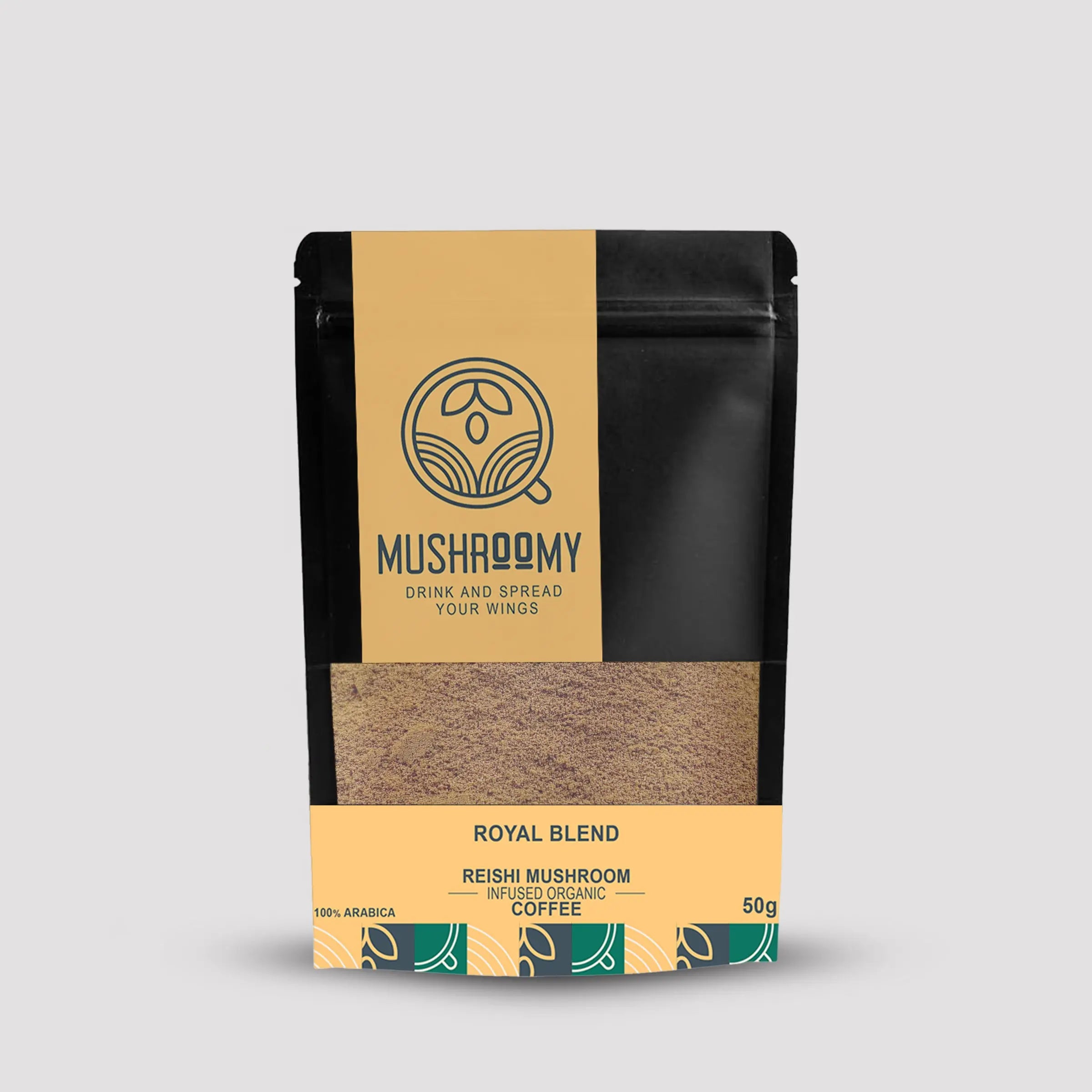 Royal Blend Reishi mushroom coffee front pouch – organic instant Arabica coffee in Pakistan